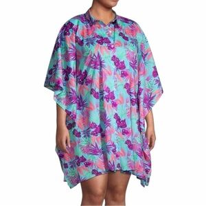 Lands’ End Tropical Print Beach Cover Up Women’s M Button Front Tunic Blouse